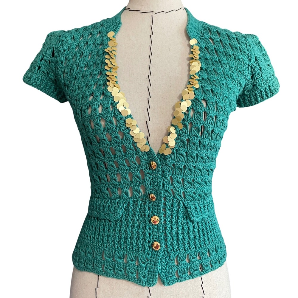 Beth Bowley Crochet Sequin Teal Cardigan Women's Small 100% Cotton Romantic - Picture 1 of 10